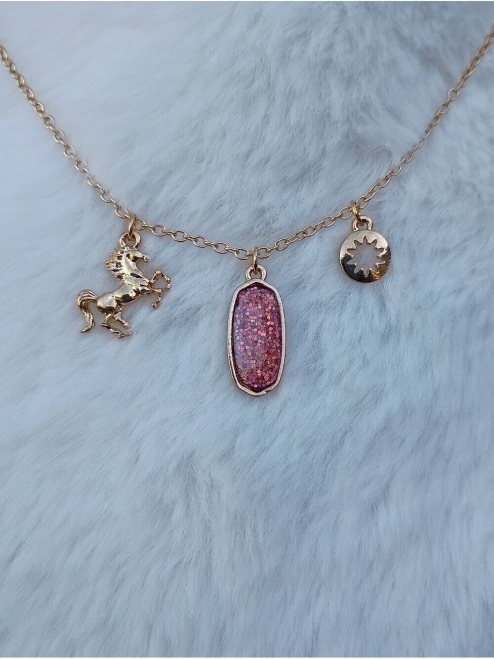 2/$10 June Girl Gold-Tone Pink Glitter Charm Necklace with Horse Accent